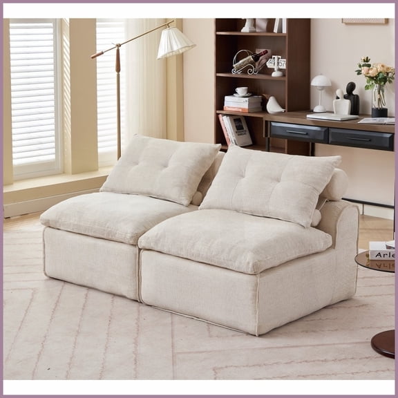 Beige Modular 2-Seat Sofa with Soft Chenille Fabric - Armrest-Free DIY Design for Small Spaces & Reading Nooks