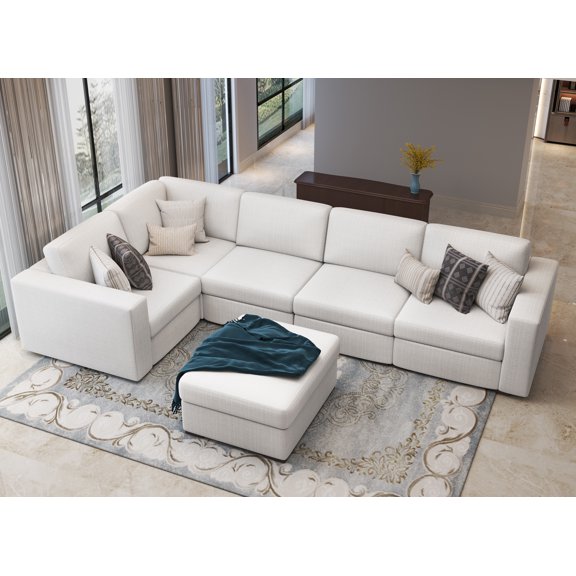 Beige Modular Sectional Sofa (L/U Shaped) - Detachable Covers, Antislip Linen Fabric, High-Density Foam, Ottoman Included