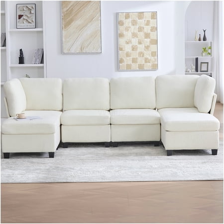 Beige Modular Sectional Sofa with Storage, 6-Piece Convertible U-Shaped Couch with Ottoman