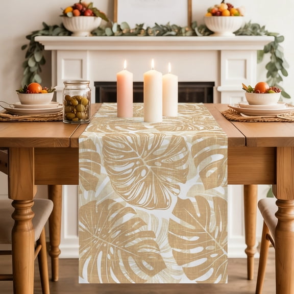 Beige Monstera Leaf Dining Table Runner, Summer Botanical Tropical Plant Rustic Washable Table Runners Kitchen Coffee Table Center Decor for Home Party Holiday Wedding 13 x 36 Inches
