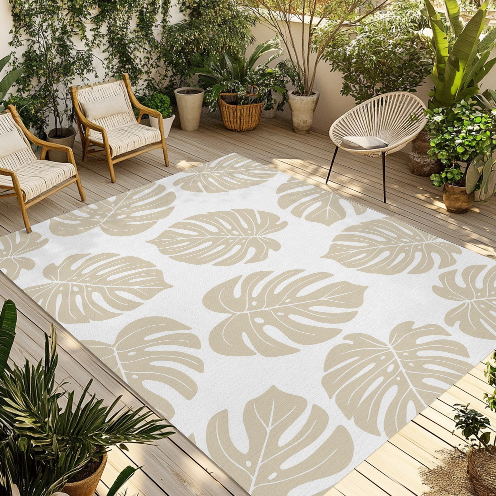 Beige Monstera Leaf Outdoor Rug, Tropical Botanical Minimalist