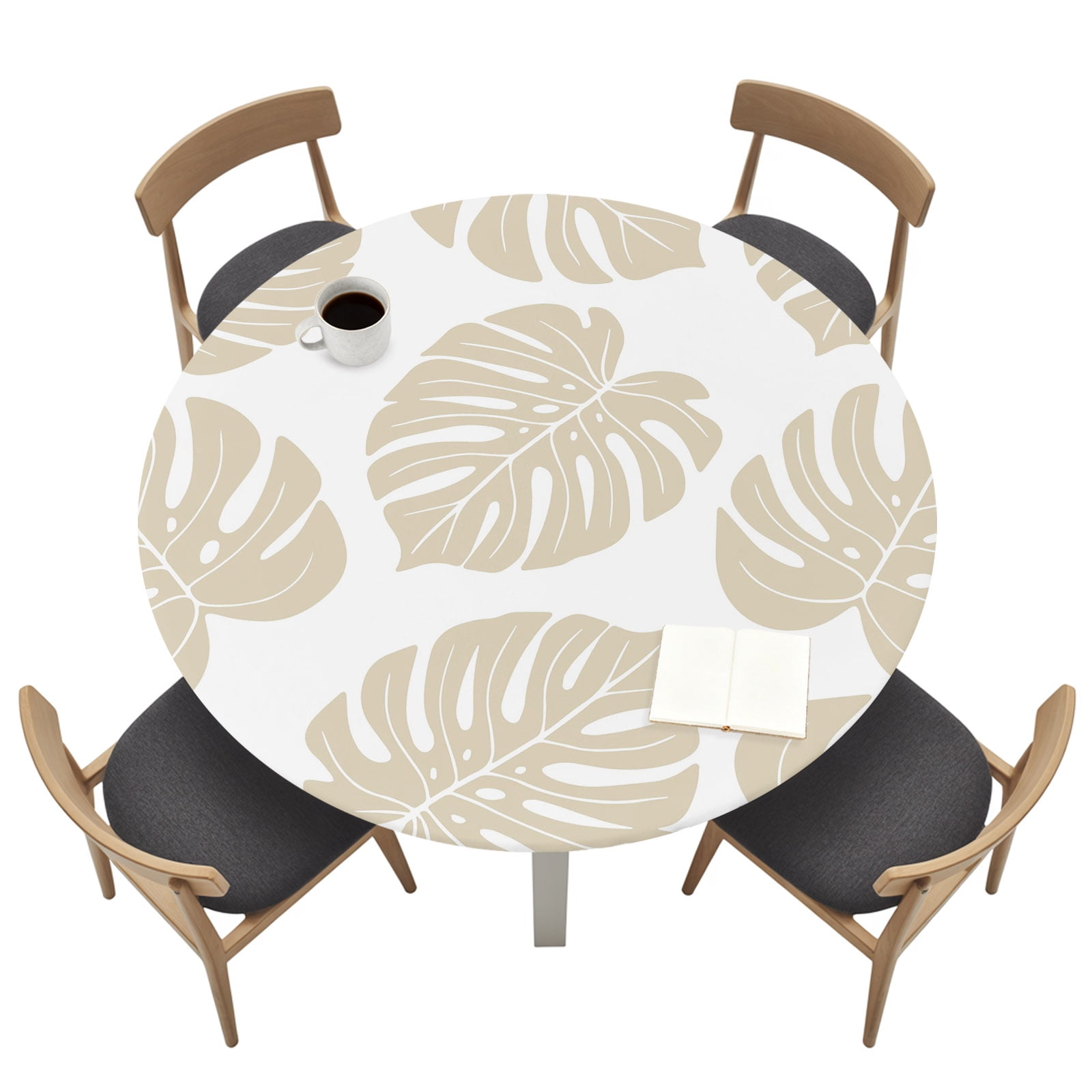 Beige Monstera Leaf Round Fitted Table Cover Tropical Botanical ...