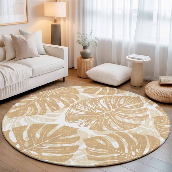 Beige Monstera Leaf Washable Round Area Rug 3 ft, Summer Botanical Tropical Plant Rustic Soft Non Slip Rugs Stain Repellent Indoor Felt Carpet for Living Dining Room Bedroom Home Office