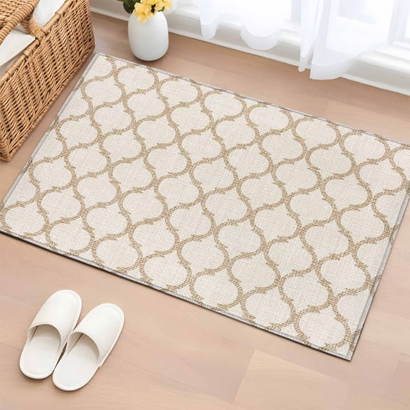 Beige Moroccan 2'x3' Washable Rug, Morocco Geometric Quatrefoil Lattice Non-Slip Soft Doormat Area Rugs for Entrance Bathroom Bedsides, StainResistant Carpet for Kitchen Bedroom, Entryway Floor Mat