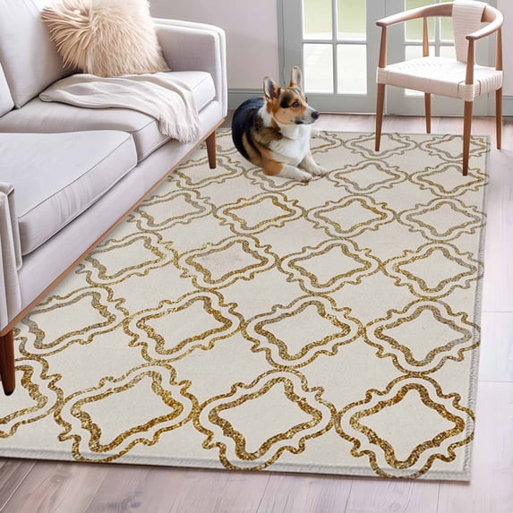Beige Moroccan Area Rugs 3'x5', Washable Small Throw Rugs for Living Room Bedroom, Geometric Abstract Art Modern Indoor Outdoor Rug Non-Slip Low Pile Carpet Runner Reversible Floor Mats