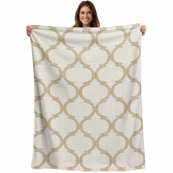 Beige Moroccan Blanket Soft Cozy Warm Throw Blanket for Couch, Plush Fuzzy Flannel Fleece Blankets for Sofa, Morocco Geometric Quatrefoil Lattice Bed Blankets Lightweight Gifts for Women, 50"x60"