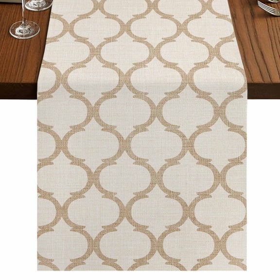 Beige Moroccan Burlap Cotton Table Runner 13x36 Inches Short, Morocco Geometric Quatrefoil Lattice Farmhouse Table Runners, Outdoor Dining Tablecloths Decor for Baby Shower/Party/Wedding