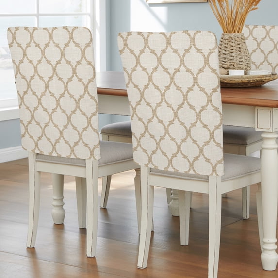 Beige Moroccan Chair Back Covers, Morocco Geometric Quatrefoil Lattice Removable Chair Covers for Dining Chairs Set of 4, Washable Chairs Slipcovers Back Seat Protector for Wedding Party 19"x20"
