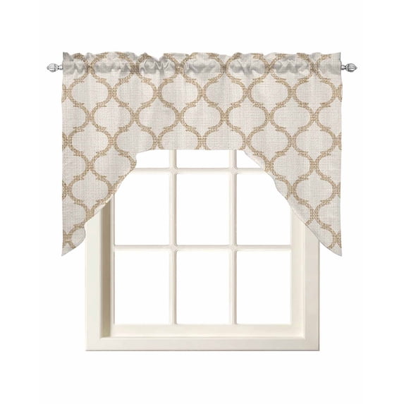 Beige Moroccan Swag Valances for Windows, Small Curtains Drapes, Morocco Geometric Quatrefoil Lattice Kitchen Window Curtains Over Sink Window Treatment Valance for Bedroom/Bathroom 56"x36"