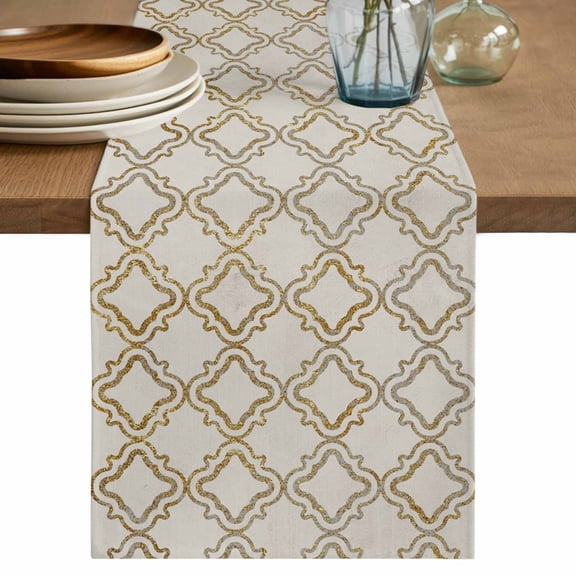 Beige Moroccan Table Runner, Geometric Abstract Art Modern Washable Cotton Linen Table Runners 36 Inches Long, Dresser Scarf Runner for Nightstand/End Tables/Round Tables 13''x36''