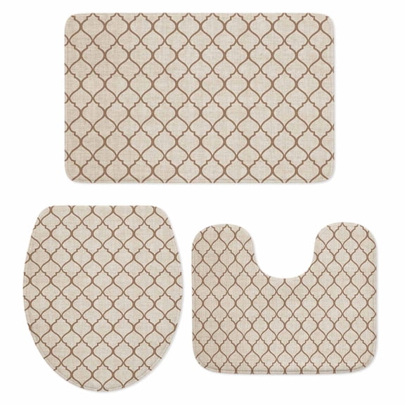 Beige Morocco Pattern Bath Mat 3 Piece Bathroom Rug Set, Modern Moroccan Geometric Abstract Art Non Slip Bath Rug Contour Mat and Toilet Lid Cover, Absorbent Shower Mats Soft Bath Rugs and Mats Sets