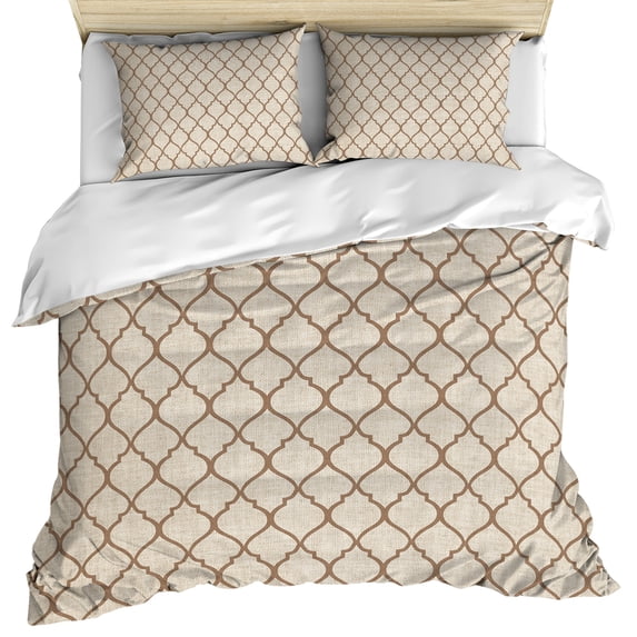 Beige Morocco Pattern Bedding 3 Piece Duvet Cover Set Twin Size, Modern Moroccan Geometric Abstract Art Soft Microfiber Comforter Cover with Zipper Closure & Pillowcases, FadeResistant Quilt Cover