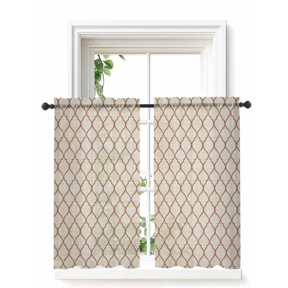 Beige Morocco Pattern Curtains 45 Inch Length,Sheer Curtains for Bedroom Living Room Window Modern Moroccan Geometric Abstract Art Small Half Window Kitchen Curtains & Drapes 52"x45" 2 Panels