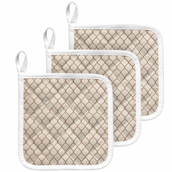 Beige Morocco Pattern Pot Holders for Kitchen Heatproof Potholder, 3 Pack Modern Moroccan Geometric Abstract Art Hot Pads Multipurpose Oven Pads Cloth Potholders Trivet for Cooking Baking