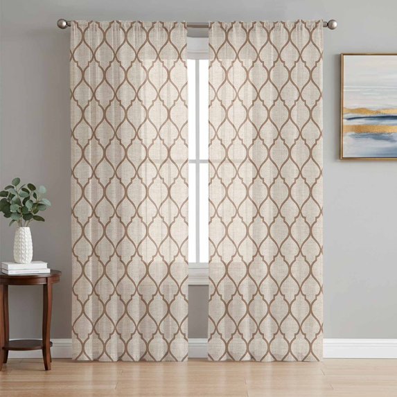 Beige Morocco Pattern Semi Sheer Curtains 63 Inch Length 2 Panels Set,Modern Moroccan Geometric Abstract Art Sheer Kitchen Curtain Privacy Window Curtain for Living Room Bedroom Rod Pocket Drapes
