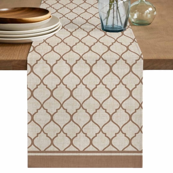 Beige Morocco Pattern Short Table Runner 36 Inches Long,Modern Moroccan Geometric Abstract Art Cotton Linen Table Runners Dresser Scarves,Tabletop Scarf Furniture Cover for Home Dinner Party 13"x36"