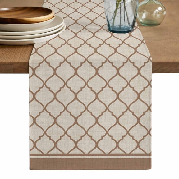 Beige Morocco Pattern Table Runner, Modern Moroccan Geometric Abstract Art Washable Cotton Linen Table Runners 36 Inches Long, Dresser Scarf Runner for Nightstand/End Tables/Round Tables 13''x36''