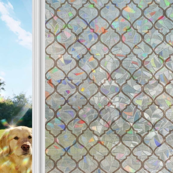 Beige Morocco Pattern Window Privacy Film Stain Glass,Decorative Rainbow Window Film,Modern Moroccan Geometric Abstract Art Static Cling Sun Blocking Stickers Decals Covers 17.7" x 39.3" (2pcs)