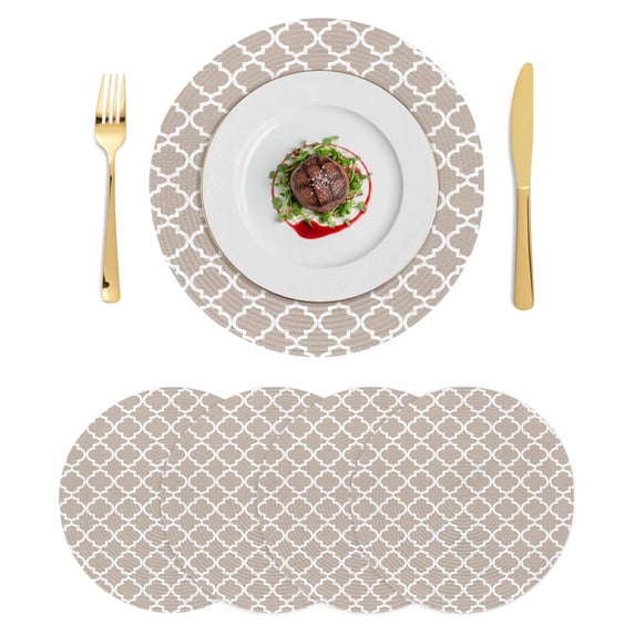 Beige Moroccon Round 13 Inch Placemats Set of 4, Farmhouse Minimalist Abstract Geometric HeatResistant Non Slip Place Mats for Dining Table, Wipeable Braided Kitchen Table Mats for Housewarming