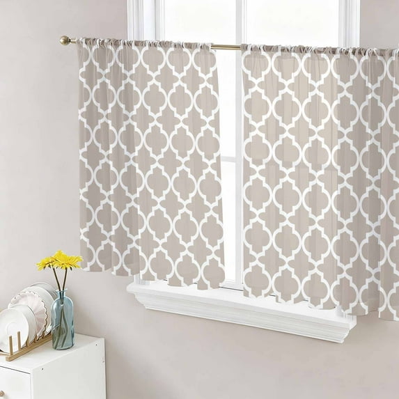 Beige Moroccon Semi Sheer Curtains 54 Inch Length 2 Panels Set, Farmhouse Minimalist Abstract Geometric Sheer Kitchen Curtain Privacy Voile Window Curtain for Living Room Bedroom Rod Pocket Drapes