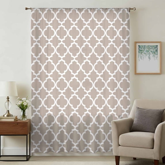 Beige Moroccon Sheer Curtains 63 Inches Long, Farmhouse Minimalist Abstract Geometric Light Filering Curtains, Breathable Simi Curtain Privacy Drapes for Living Room Bedroom Window Treatment