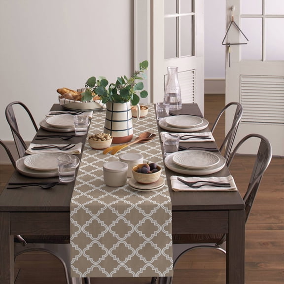 Beige Morrocan Plaid Geometric Art Check Table Runner 13x36in Non-Slip Cotton Linen Table Runners, Retro Lattice Dresser Scarves TableRunner for Dinner Kitchen Dining Wedding Party