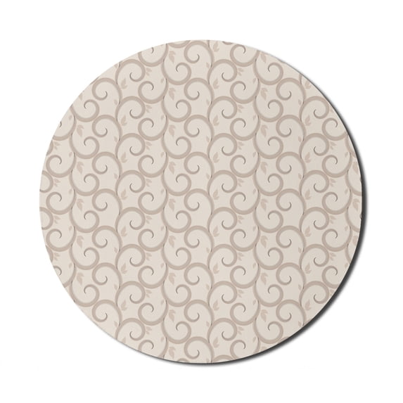 Beige Mouse Pad for Computers, Swirling Leaves Motifs Regular Curved Baroque Floral Design Retro Old World in Mod Art, Round Non-Slip Thick Rubber Modern Mousepad, 8" Round, Beige, by Ambesonne