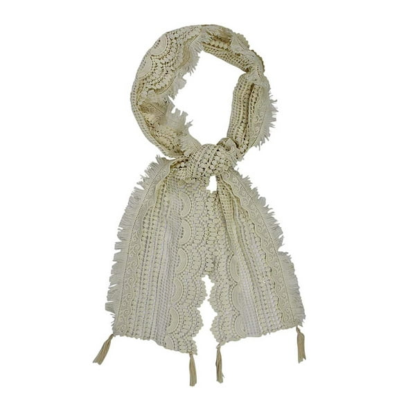 Beige Multi Pattern Lace Scarf With Tassel Fringe