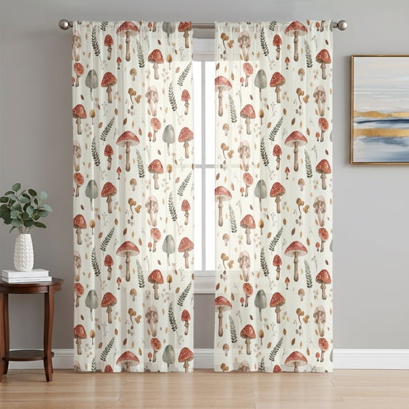 Beige Mushroom Sheer Curtains 72 Inch Length 2 Panels Set, Farmhouse Autumn Botanical Ferns Voile Window Treatment Rod Pocket Curtains Sheers Drapes for Bedroom/Living Room/Kitchen 52"x72"x2