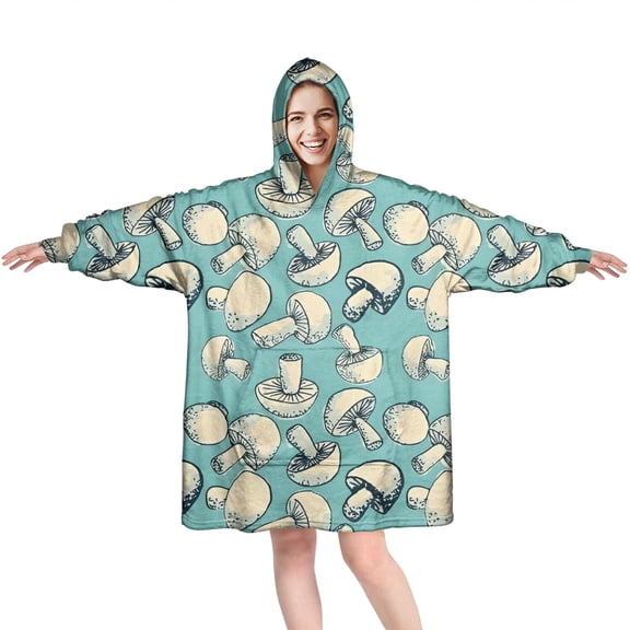 Beige Mushroom Sketch Teal Pattern Wearable Oversized Blanket,Wearable Blanket Hoodie for Adults,Cozy Hooded Blankets with Super Pockets,Super Warm Fuzzy Pullover for Women & Men