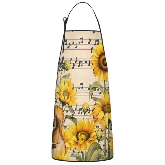 Beige Music Sunflower Guitar Pattern Apron-Garden Aprons for Women with Pockets-Cotton Linen Waterproof Kitchen Cooking Gardening Aprons Adjustable for Kitchen,Cooking,BBQ and Salon 33x27 Inch