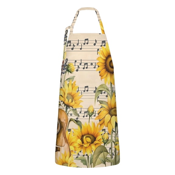 Beige Music Sunflower Guitar Pattern Apron-Garden Aprons for Women with Pockets-Cotton Linen Waterproof Kitchen Cooking Gardening Aprons Adjustable for Kitchen,Cooking,BBQ and Salon 33x27 Inch