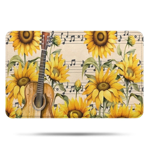 Beige Music Sunflower Guitar Pattern Bathroom Rugs Mat,Non Slip Microfiber Bathroom Rug,Rubber Backing,Soft Bathroom Mats for Bathroom Floor,Tub and Shower,17x27in(43x68cm)