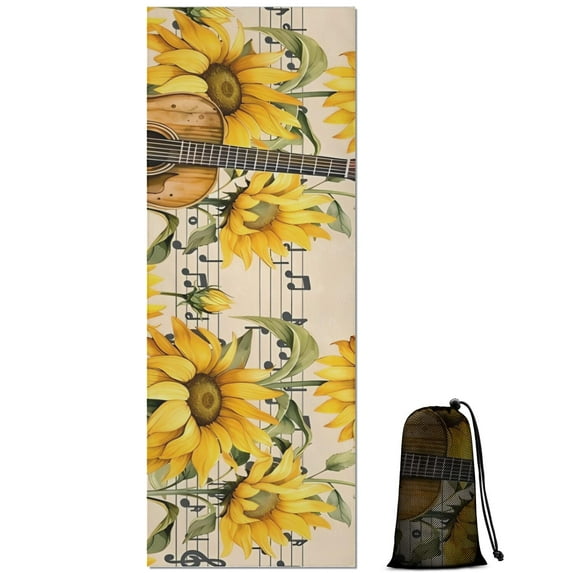 Beige Music Sunflower Guitar Pattern Hot Yoga Mat Towel Non Slip for Hot Yoga - Quick-Drying Yoga Mat Cover with 4 Corner Pockets with Travel Bag - Hot Yoga Towel Non Slip 70"x26"