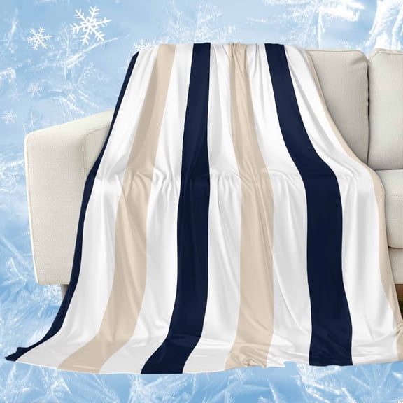 Beige Navy Blue Striped Cooling Blanket for Hot Sleepers, Soft Breathable Cool Summer Blanket for Night Sweats, Farmhouse Stripe Art Lightweight Ice Silk Sofa Throw Blankets All Season 30"x40"