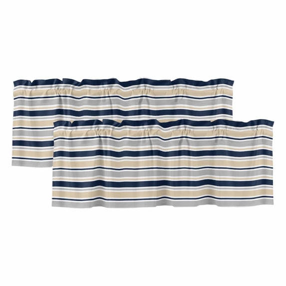 Beige Navy Blue Striped Curtain Valances for Windows, Kitchen Valance Window Treatments Panel 2 Pack, Farmhouse Stripes Modern Abstract Art Rod Pocket Short Curtains for Bathroom Bedroom 54 x 18 Inch