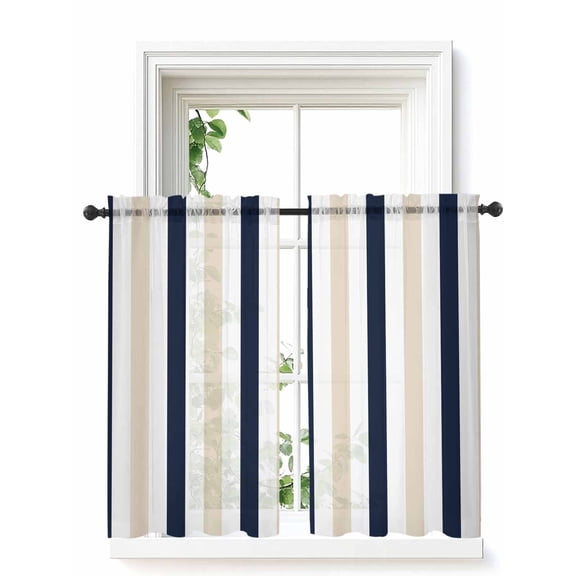 Beige Navy Blue Striped Curtains 45 Inch Length, Sheer Curtains for Bedroom Living Room Window Farmhouse Stripe Art Rod Pocket Voile Drapes Kitchen Curtains Small Half Window 42"x45" 2 Panels