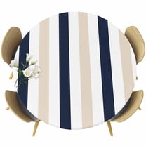 Beige Navy Blue Striped Fitted Tablecloth with Elastic Edged, Round Table Cloth for Dining Table, Farmhouse Stripe Art Waterproof Oil Proof Table Cover for Indoor Outdoor 55"-60"