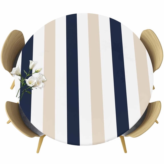 Beige Navy Blue Striped Fitted Tablecloth with Elastic Edged, Round Table Cloth for Dining Table, Farmhouse Stripe Art Waterproof Oil Proof Table Cover for Indoor Outdoor 55"-60"