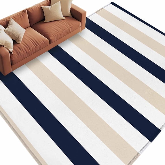 Beige Navy Blue Striped Large Area Rugs for Bedroom Living Room, Soft Non Slip Carpet Bedside Rug, Farmhouse Stripe Art Rectangular Floor Cover Kitchen Accent Rug 5'x7' for Dining Room/Office