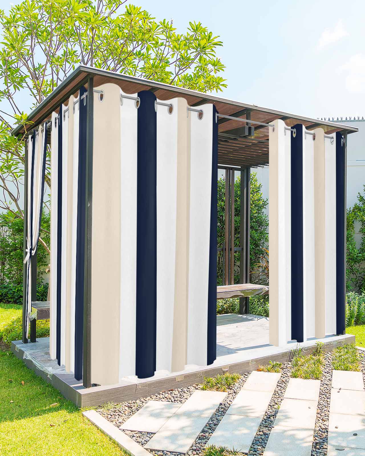 Beige Navy Blue Striped Outdoor Curtains for Patio, Farmhouse Stripe Art Privacy Drapes Grommet Waterproof Outside Curtains for Porch/Cabana/Balcony 54"x 84", 2 Panel