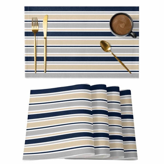 Beige Navy Blue Striped Placemats Set of 4, Farmhouse Stripes Modern Abstract Art Placemats for Dining Table, Place Mats for Kitchen Tabletop, Waterproof Wipeable Dining Table Mats Set