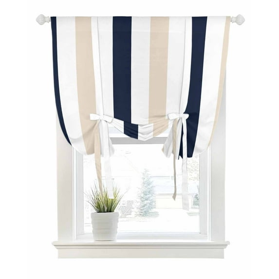Beige Navy Blue Striped Tie Up Curtains for Window, Thermal Insulated Balloon Shade Adjustable Rod Pocket Curtains Valance Panels for Kitchen Bathroom Cafe 42 x 54 Farmhouse Stripe Art