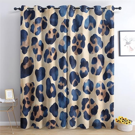 Beige And Navy Cheetah Curtains Set, Leopard Print Patterned Blackout Curtains For Bedroom, Living Room Decor, Room Darkening Thermal Insulated Grommet Drapes 42"W x 63"L (Pack of 2)