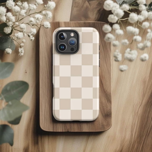 Beige Neutral Checkered Autumn Plaid Art Phone Case for iPhone 11 12 13 14 15 16 17 Pro Max