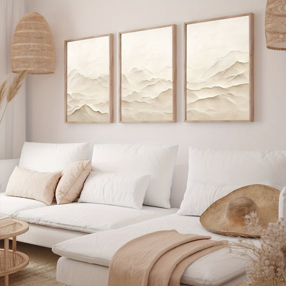 Beige Neutral Nature Mountain Landscape Abstract Poster Set of 3, Neutral Japanese Mountain Landscape Wall Art, Minimalist Poster Art, Cream Scandinavian Decor, Unframed