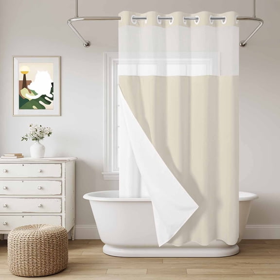 Beige No Hook Shower Curtain with Snap in Liner, White Swan Waterproof Shower Curtains with See Through Top Window Liner for Bathroom, 36x72 Inches