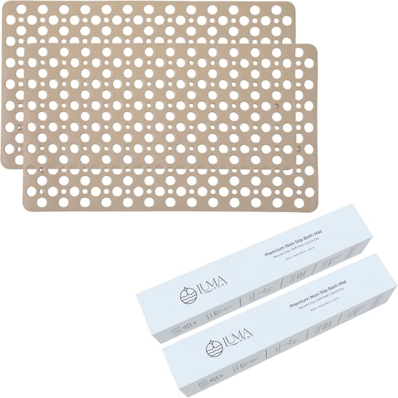 Beige Non Slip Shower Mat with Strong Suction Cups Soft Texture Quick Dry Drain Holes Spa Inspired Design 30x17 Inch 2 Pack