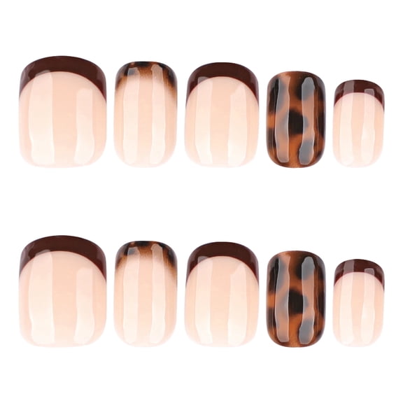 Beige Nude Brown Tip Leopard Print Press on Nails Short Square Fake Nails with French Tip Designs Beige Nude Full Cover Adhesive Press Ons Trendy Acrylic False Nails Press on Nail Set 24 Pcs