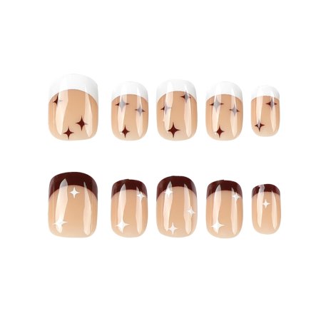Beige Nude French Tip Star Pattern Two-Tone Press on Nails, Short Squoval Glossy Fake Nails, 24 Count